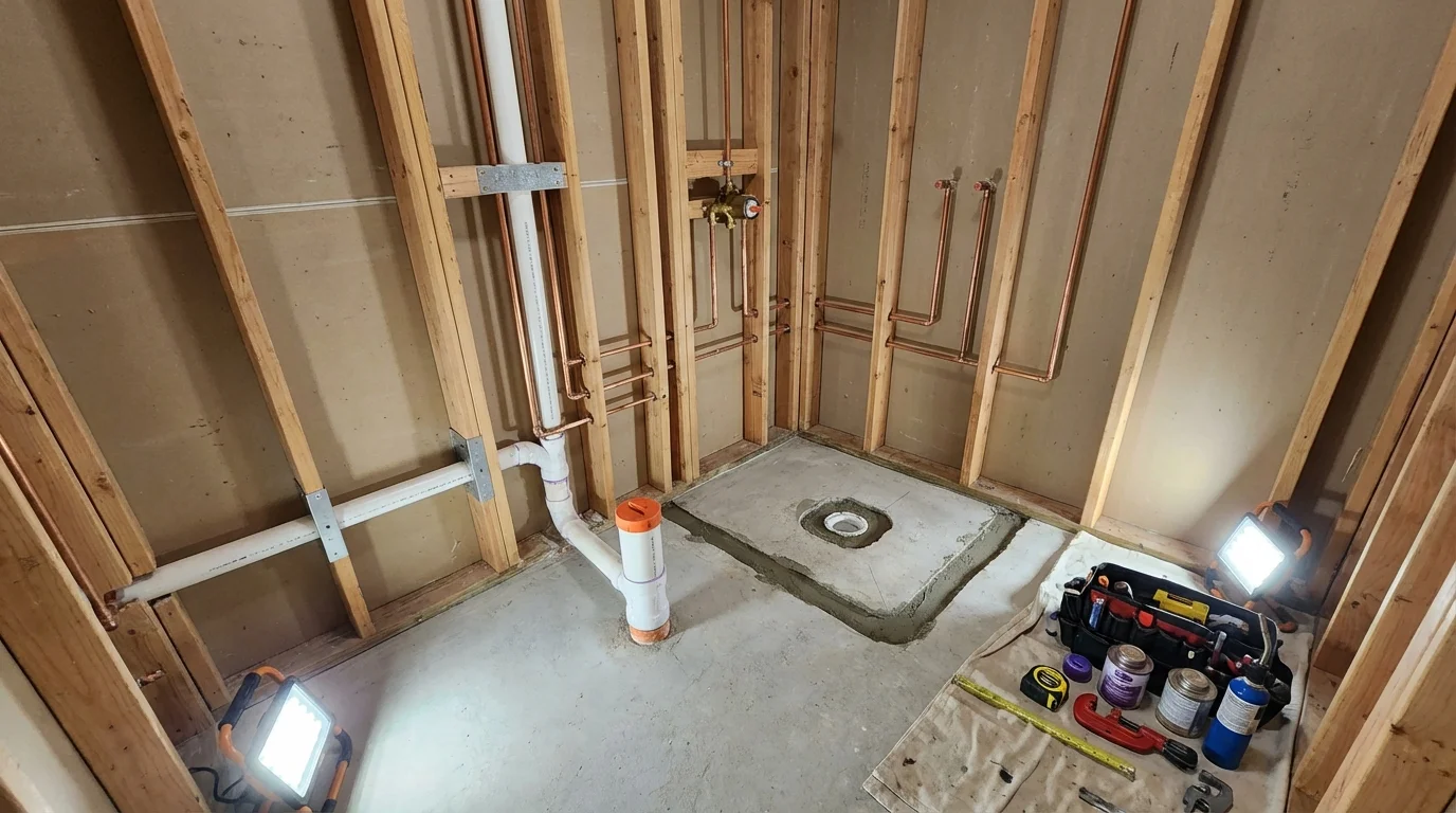 Bathroom rough-in plumbing during remodel by Johns Plumbing LLC in Niverville