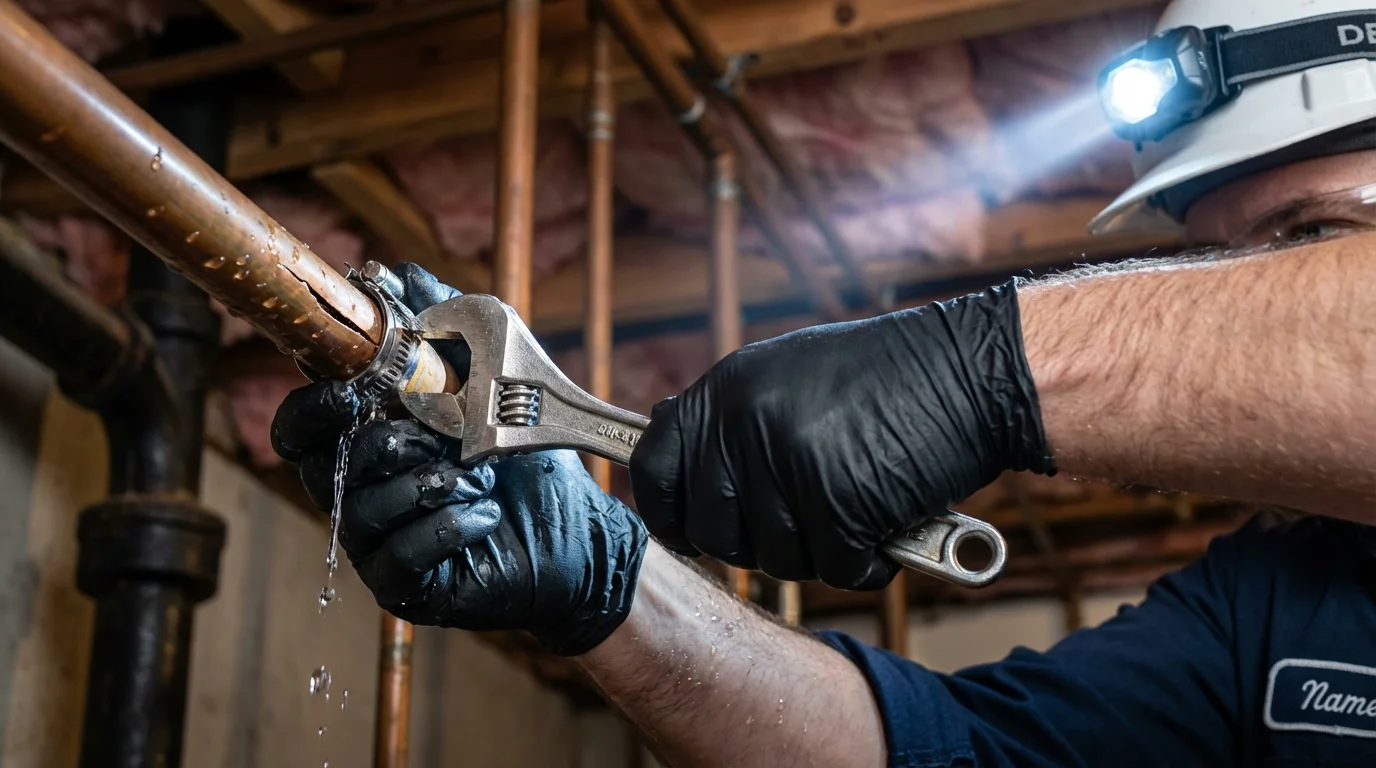 Emergency pipe clamp repair being performed by a Johns Plumbing LLC plumber in Niverville