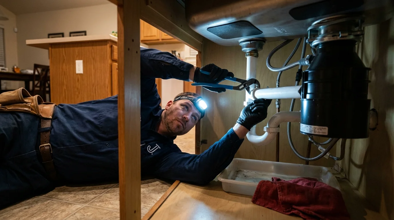 P-trap and supply line connections under a kitchen sink showing a common leak point in Niverville, NY